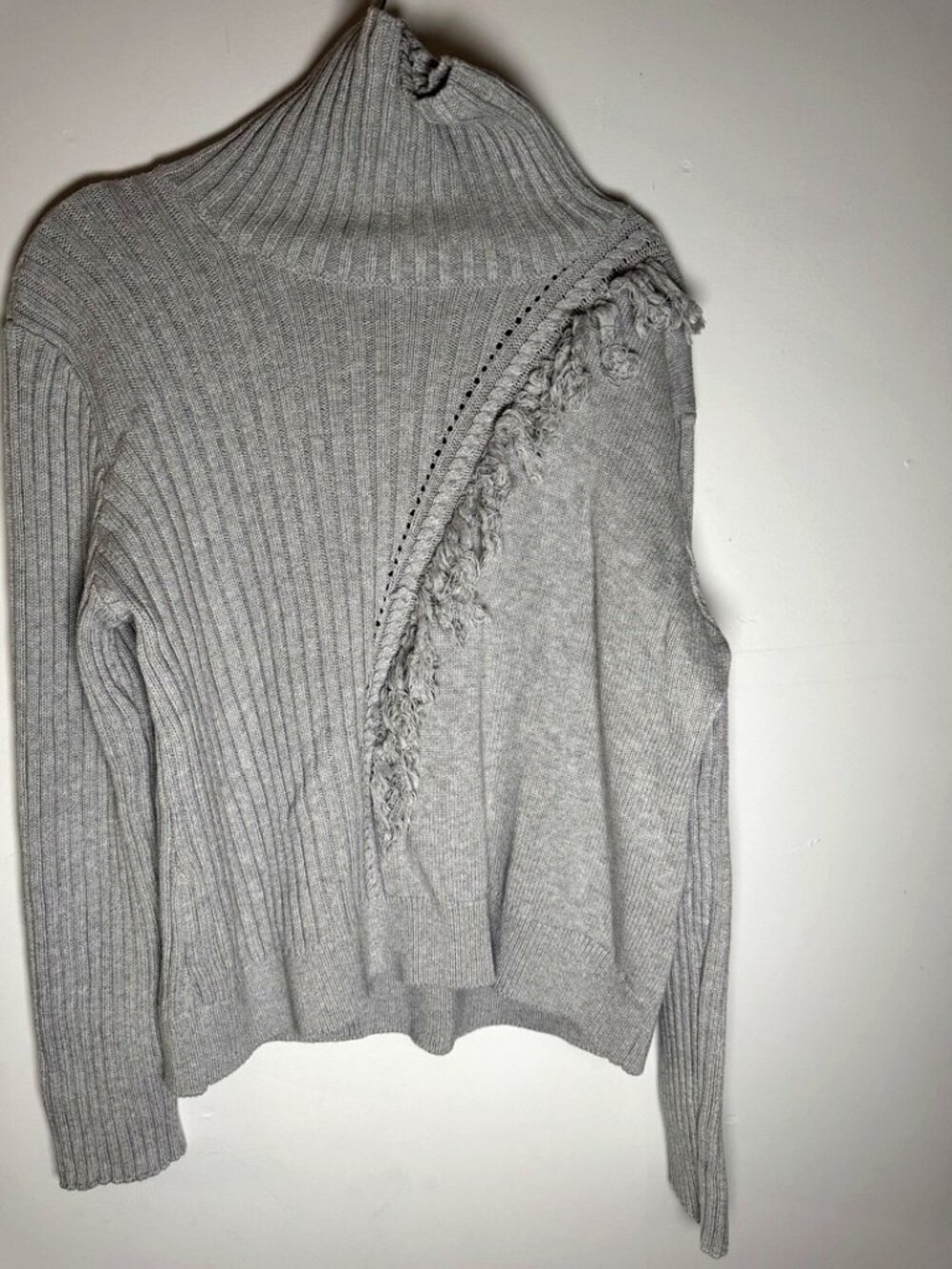 DKNY Turtleneck Sweater Grey Ribbed Fringe Detail XL